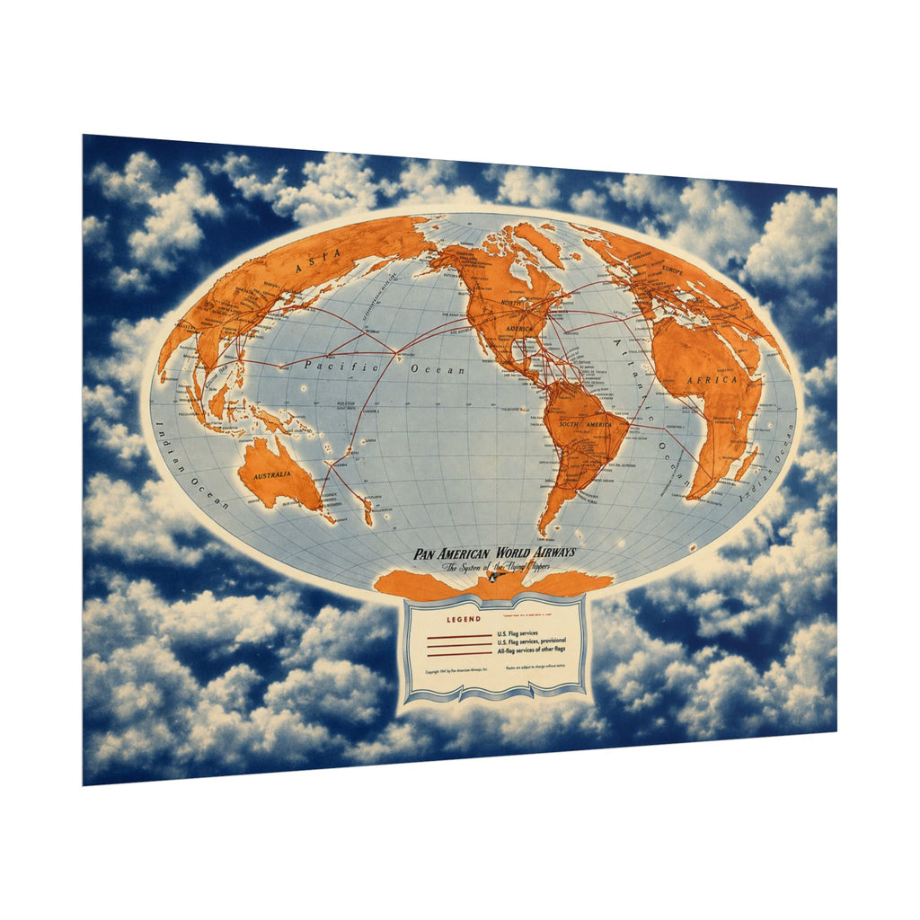 Pan Am Flying Clippers 1947 Vintage World Route Map