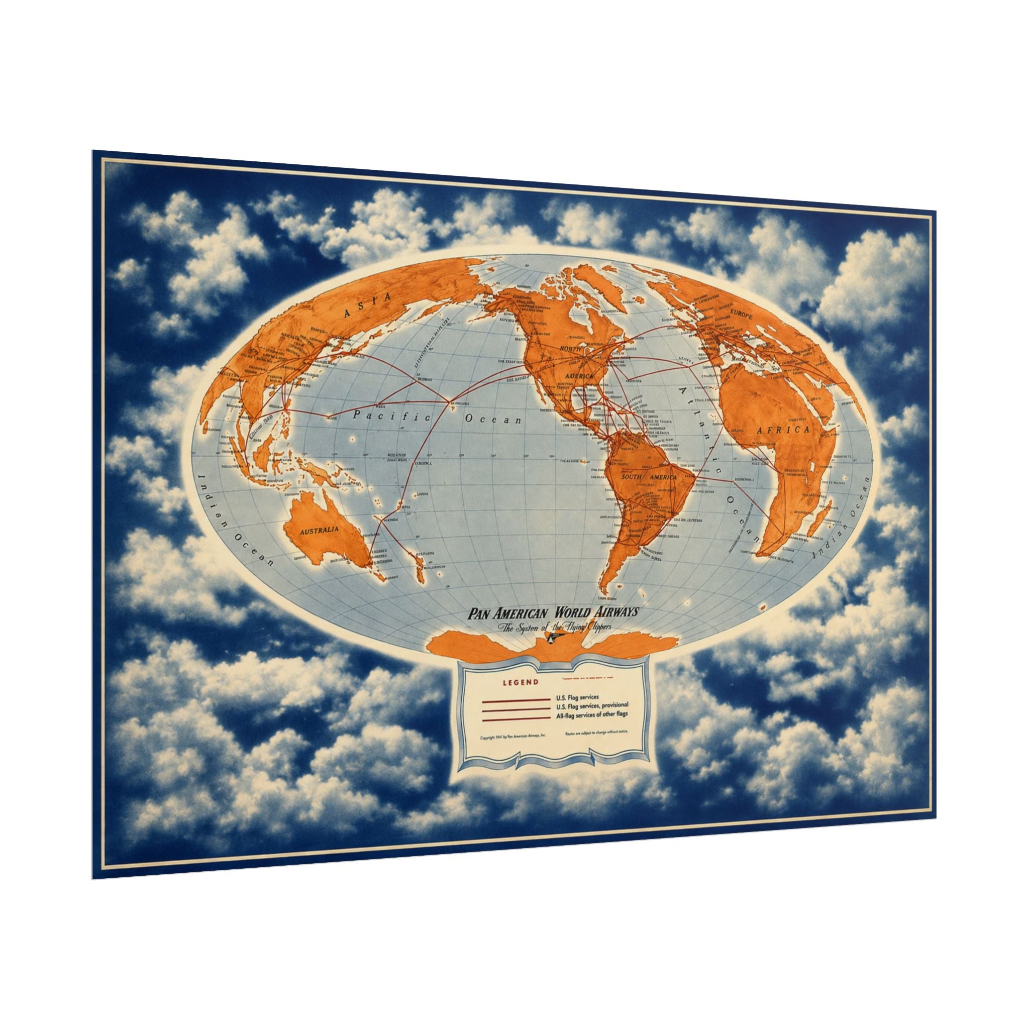 Pan Am Flying Clippers 1947 Vintage World Route Map