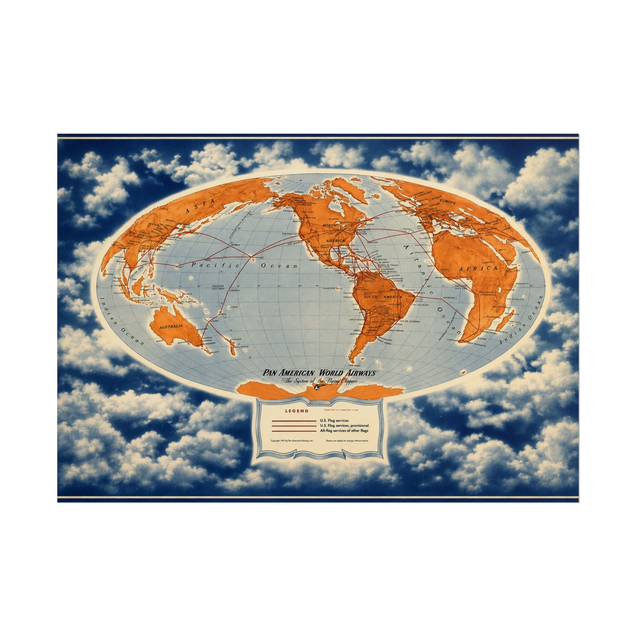 Pan Am Flying Clippers 1947 Vintage World Route Map