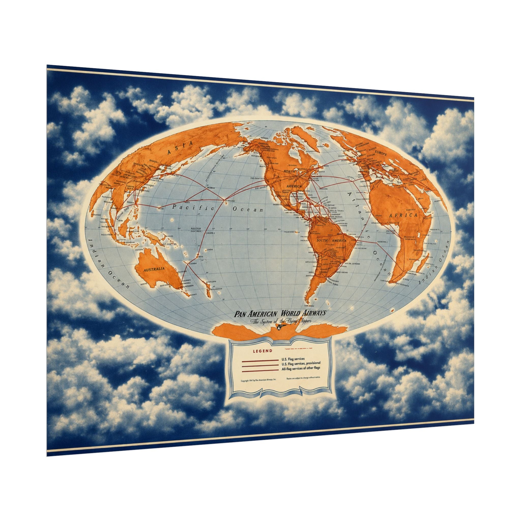 Pan Am Flying Clippers 1947 Vintage World Route Map