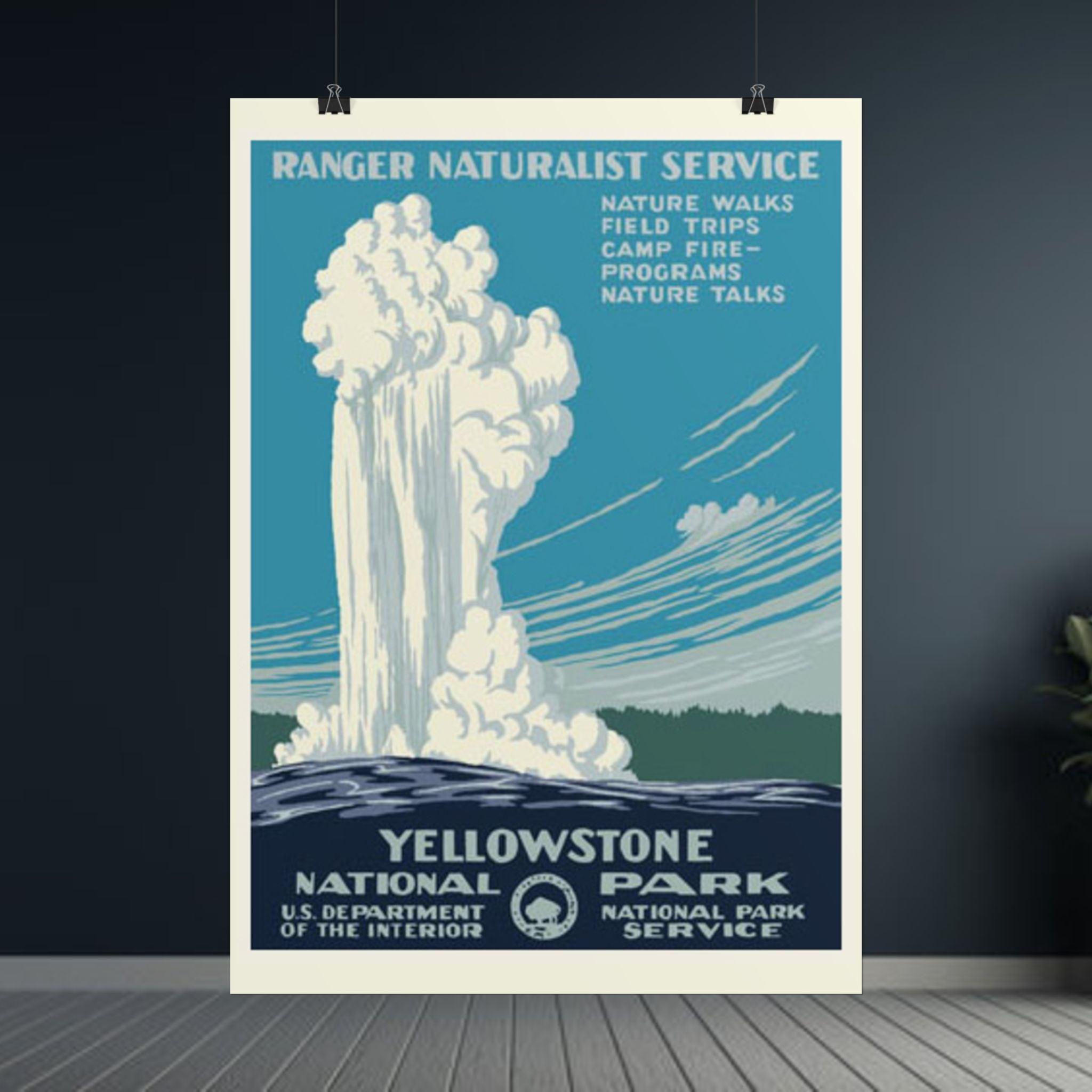 Yellowstone Geyser Old Faithful 1938 Vintage WPA Poster | Blue Tone