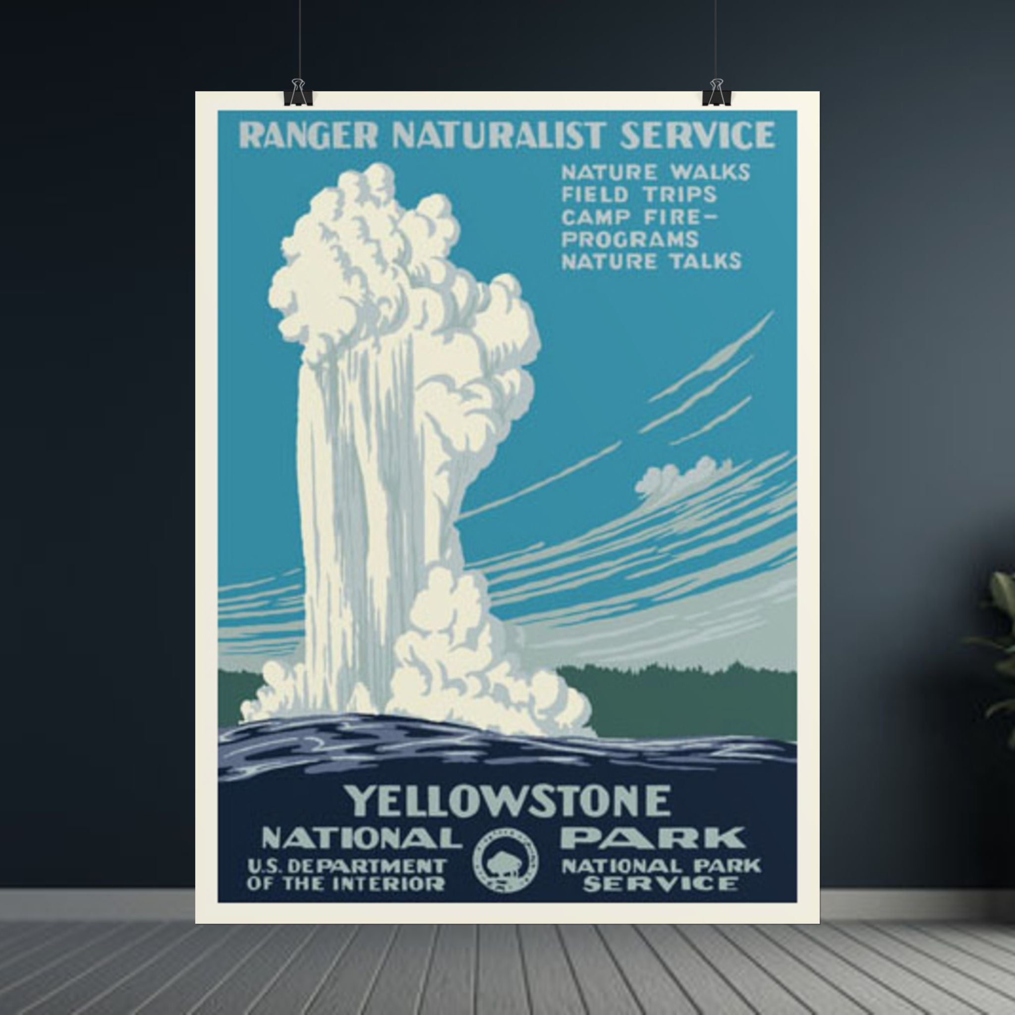 Yellowstone Geyser Old Faithful 1938 Vintage WPA Poster | Blue Tone
