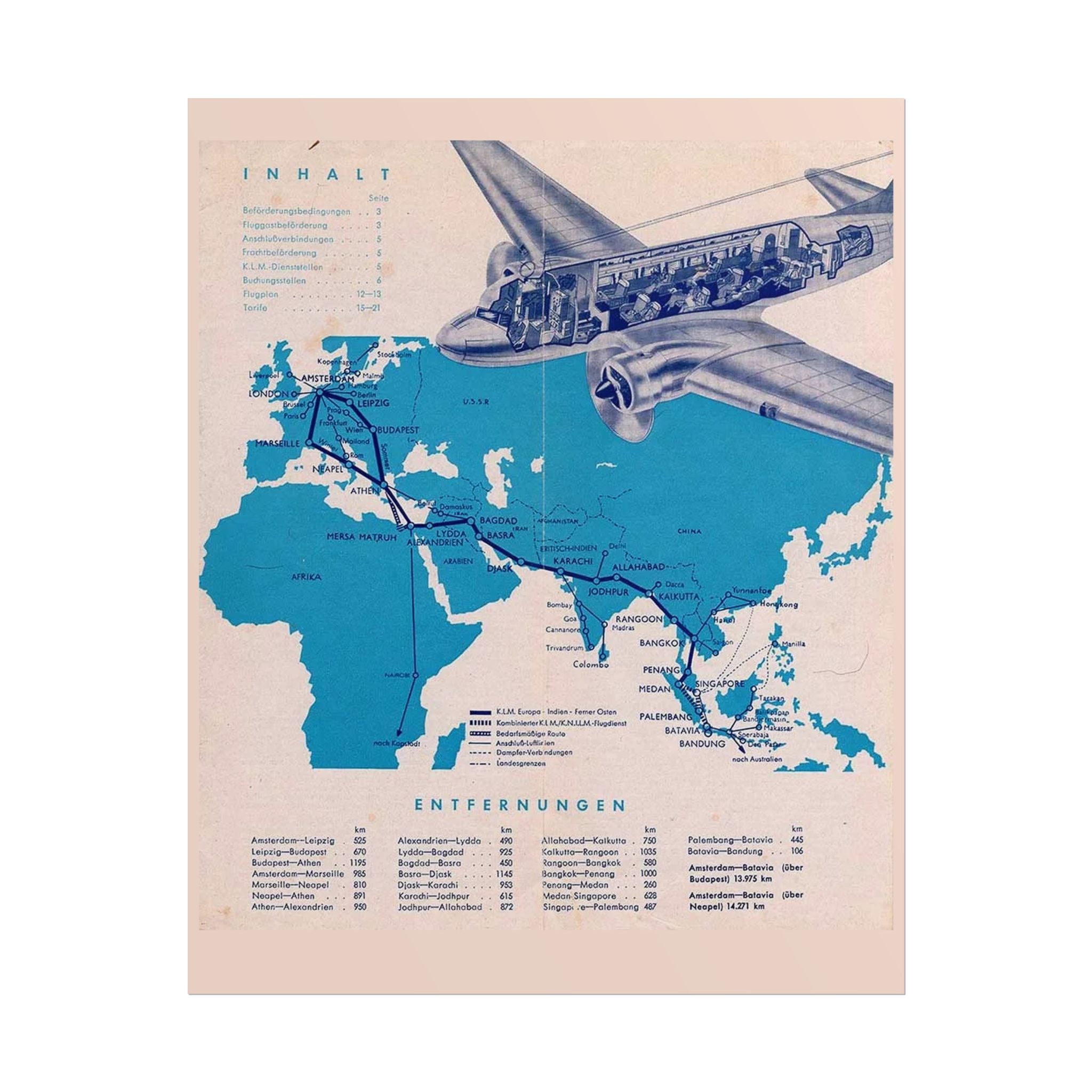 KLM 1938 Antique Route Map