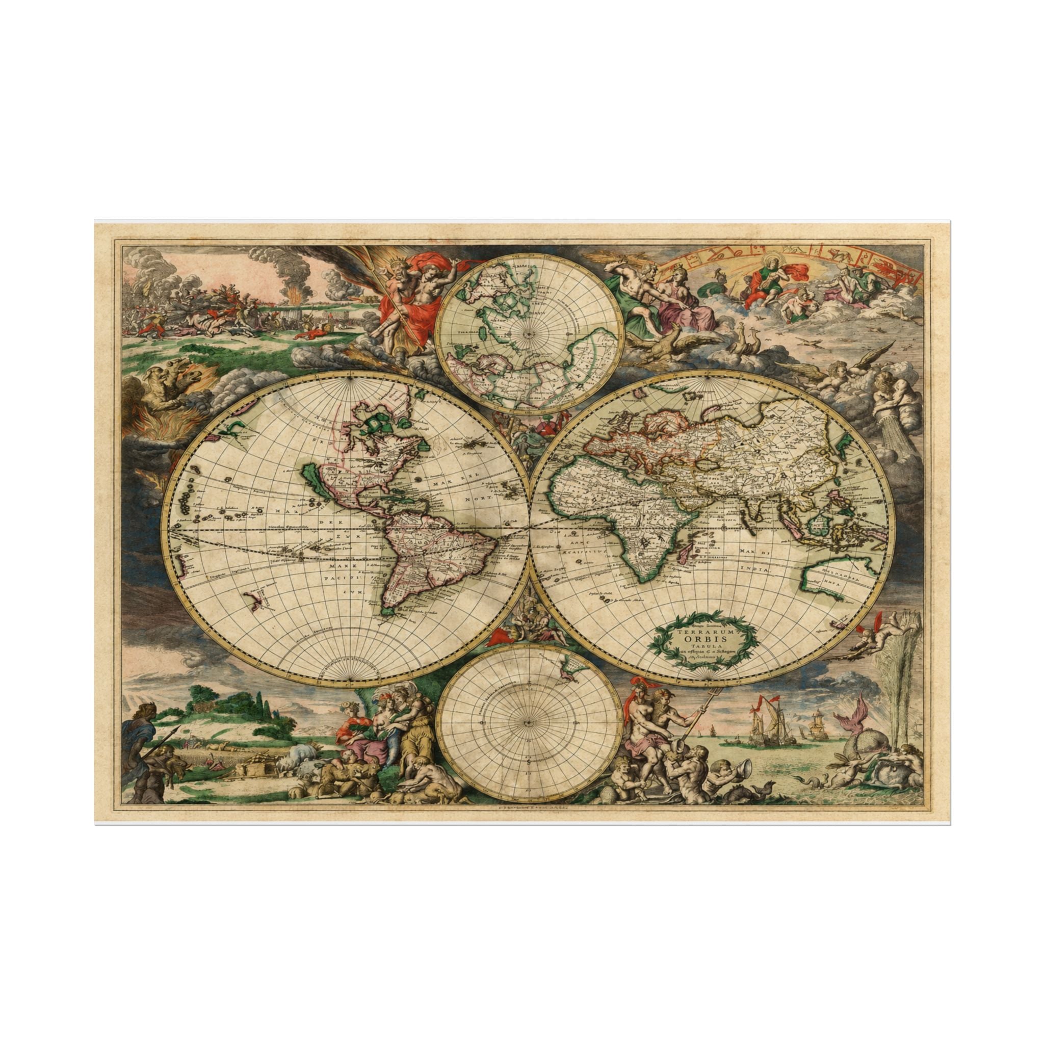1689 Antique Baroque Double Hemisphere World Map