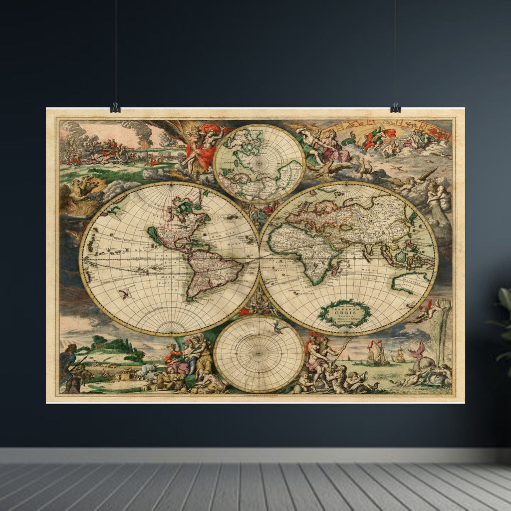 1689 Antique Baroque Double Hemisphere World Map