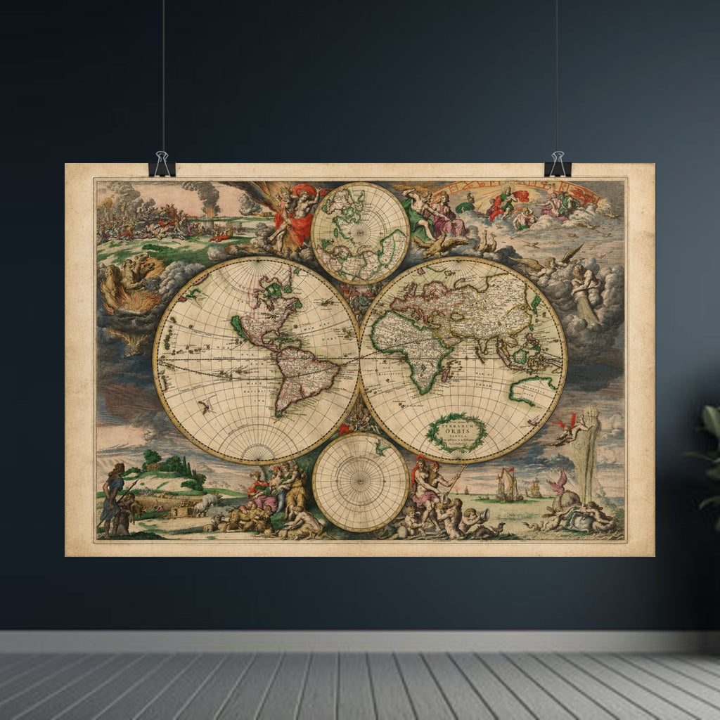 1689 Antique Baroque Double Hemisphere World Map