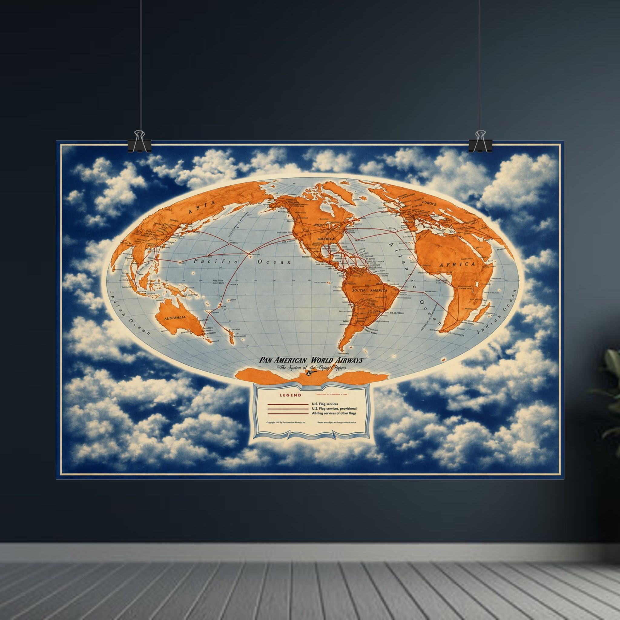 Pan Am Flying Clippers 1947 Vintage World Route Map