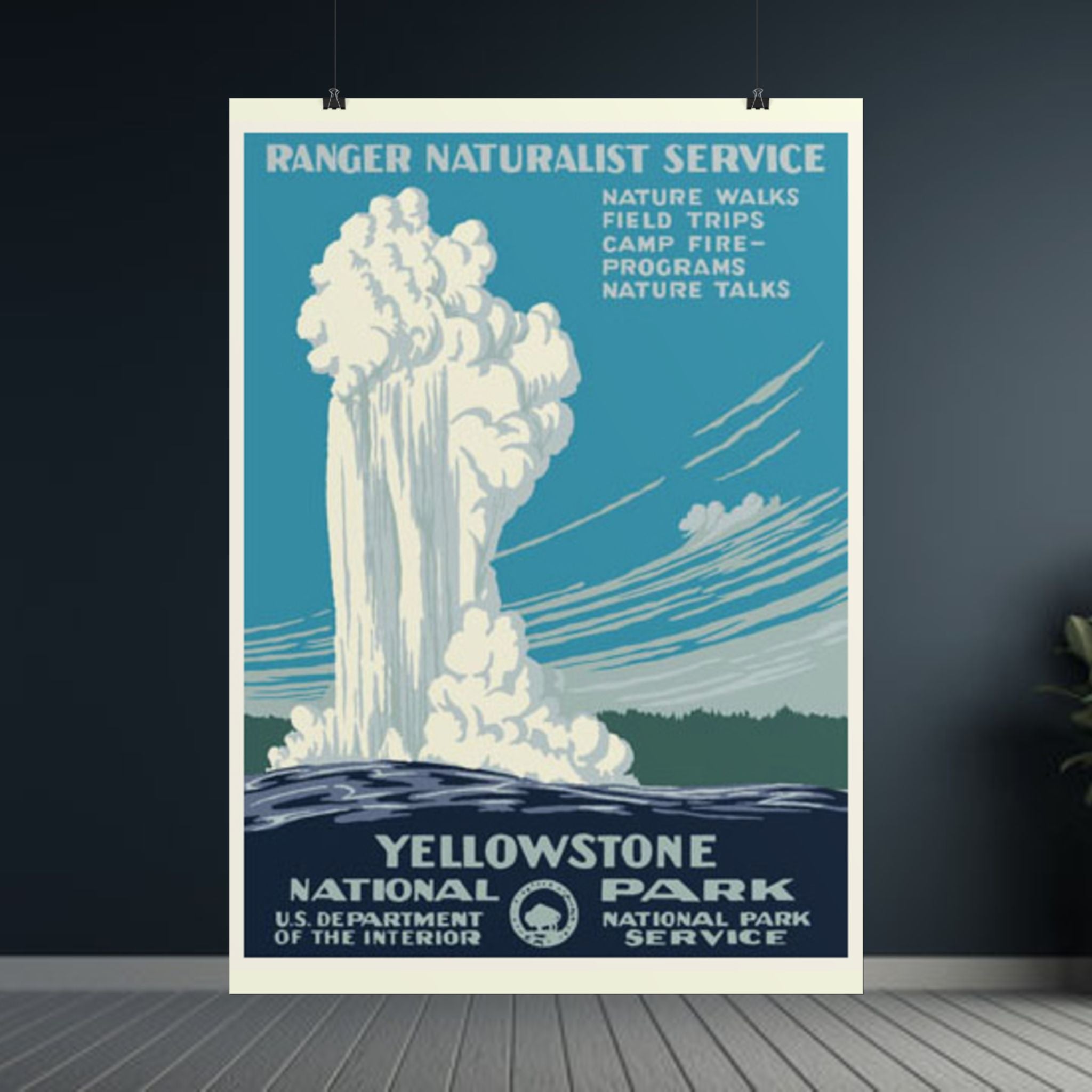 Yellowstone Geyser Old Faithful 1938 Vintage WPA Poster | Blue Tone
