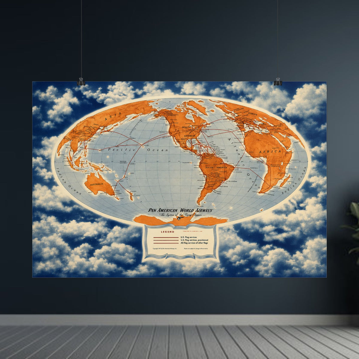 Pan Am Flying Clippers 1947 Vintage World Route Map