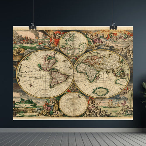 1689 Antique Baroque Double Hemisphere World Map