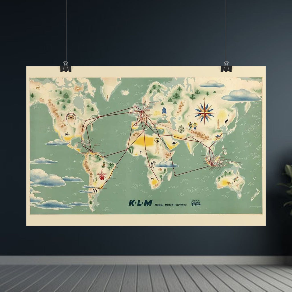 1948 KLM Retro Airline KLM World Route Map