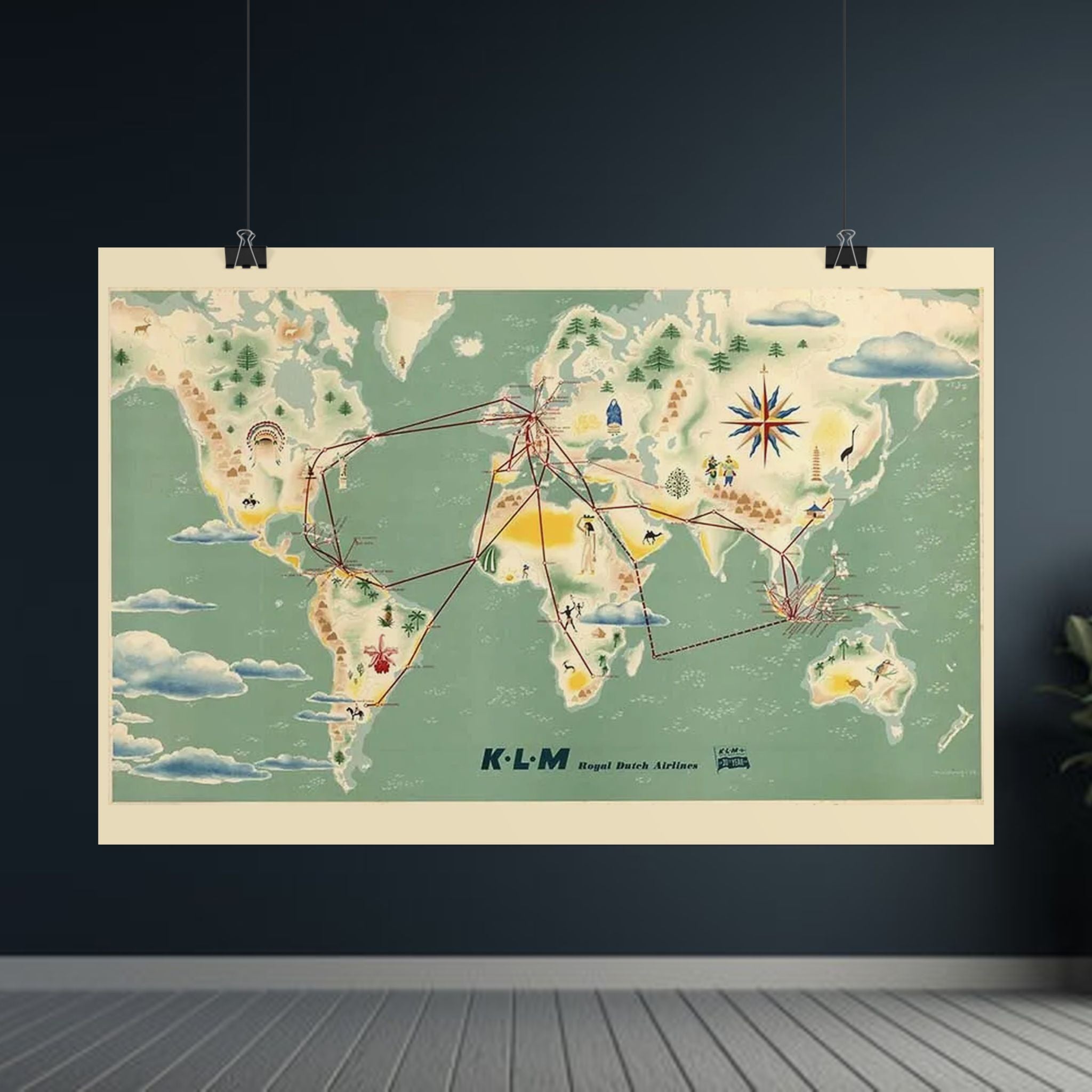1948 KLM Retro Airline KLM World Route Map