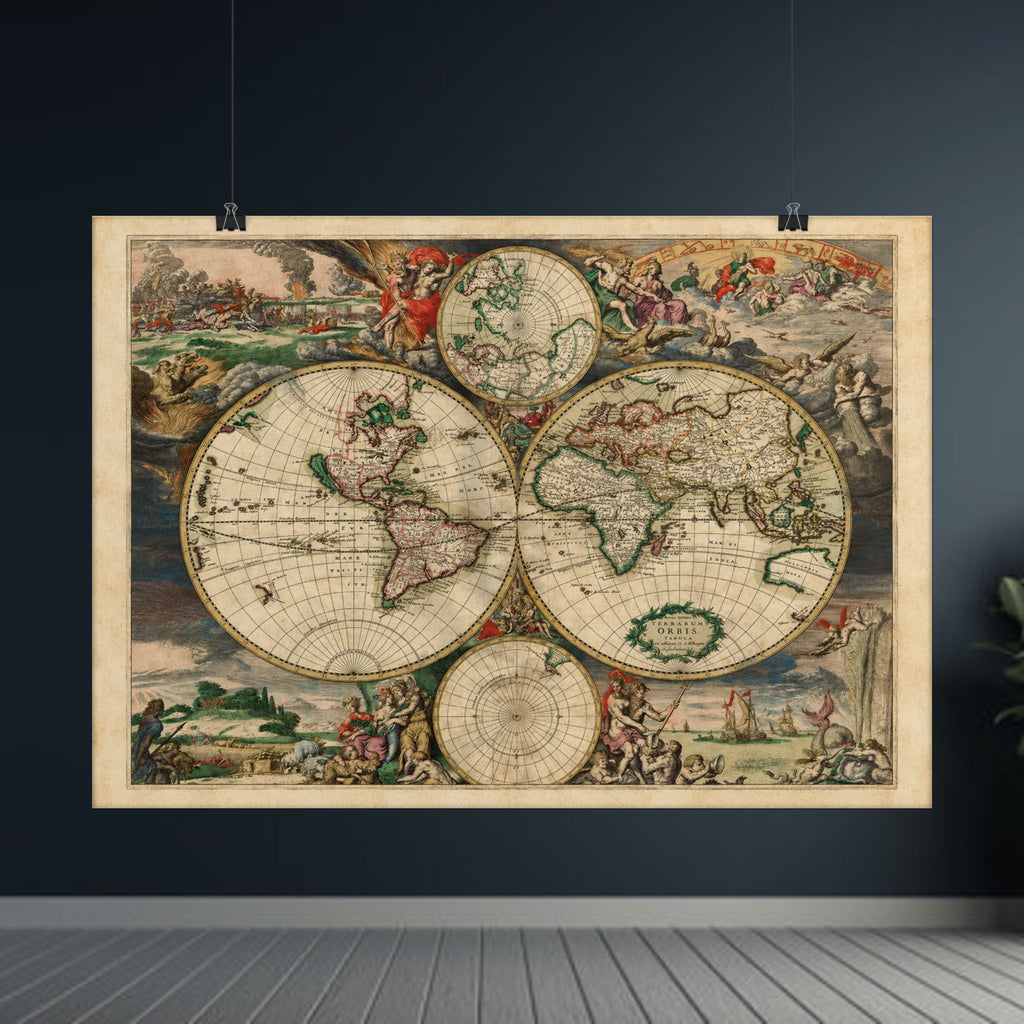 1689 Antique Baroque Double Hemisphere World Map